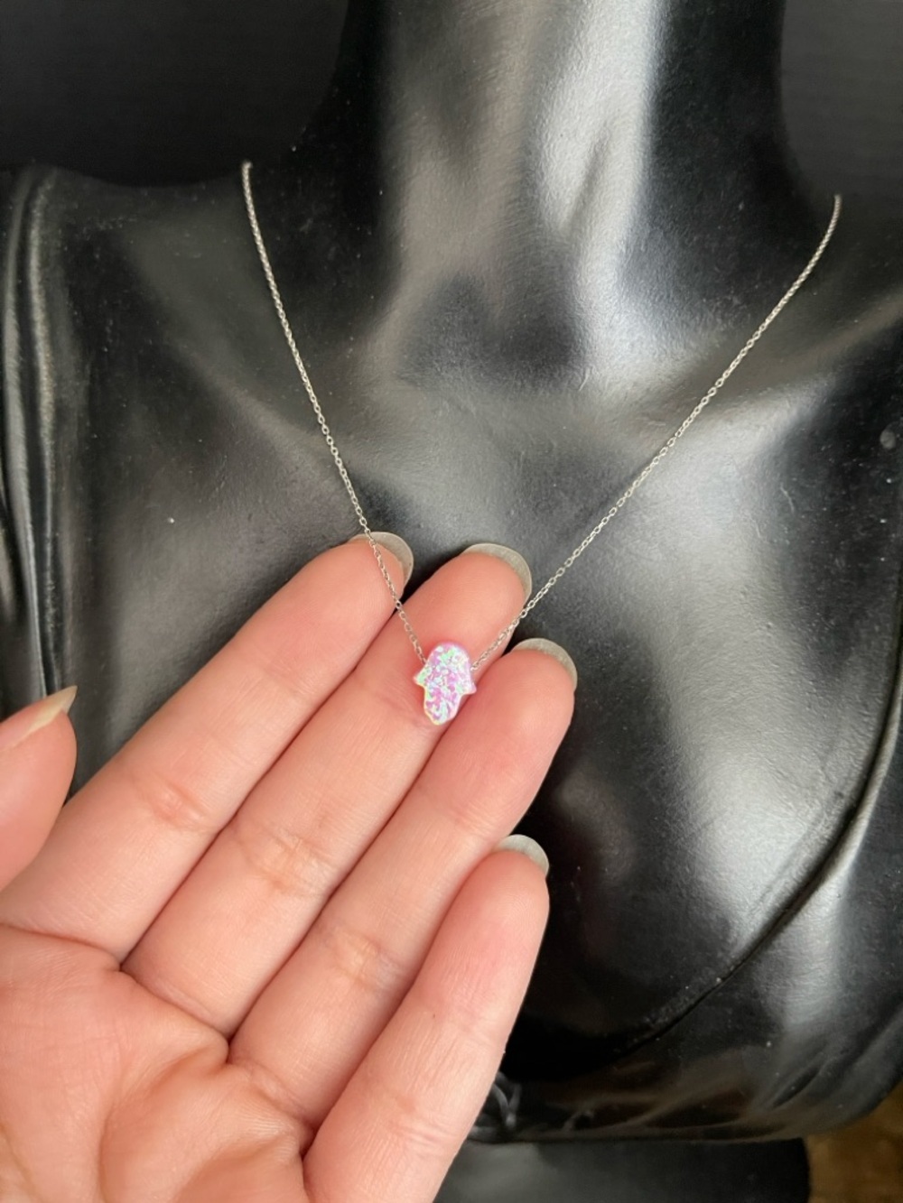 Sterling silver hamsa pink opal created dainty necklace